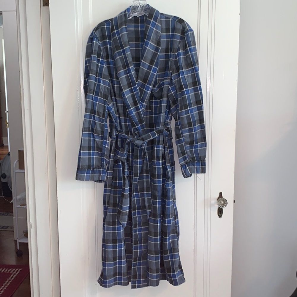 Vtg Sears blue &‎ gray plaid cotton flannel robe